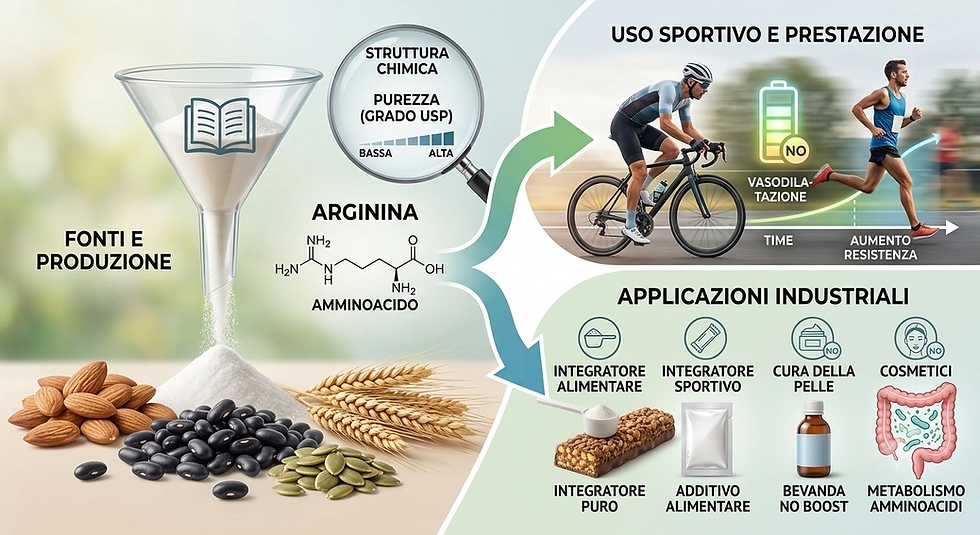 Infografica su arginina: fonti alimentari, purezza chimica, uso sportivo e applicazioni industriali con ciclista e runner.