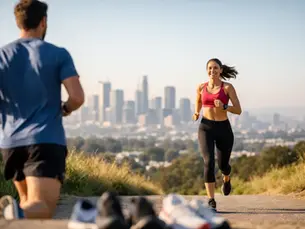 Man and woman jogging in a park with a city skyline in the background. The woman smiles, wearing a pink top and black leggings. Sunny day.