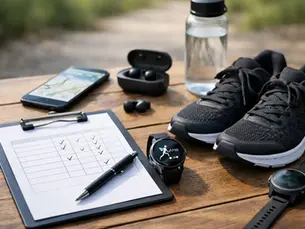 Running gear on a wooden table: black sneakers, smartwatch displaying steps, earbuds, water bottle, phone with map, and checklist clipboard.