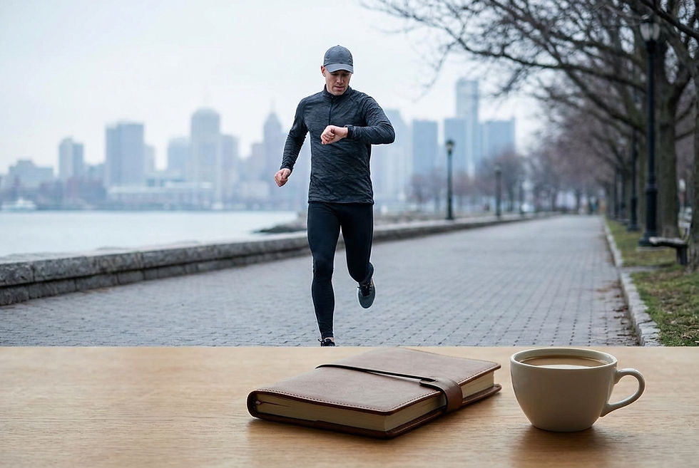runner che corre con sfondo citta con agenda e caffe dopo la corsa 