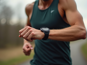 Runner checks a sport watch while jogging, conveying focus and determination