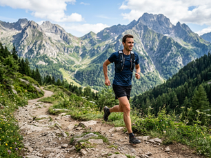 Man in athletic gear runs on a rocky mountain trail, surrounded by lush greenery and towering peaks under a clear blue sky.
