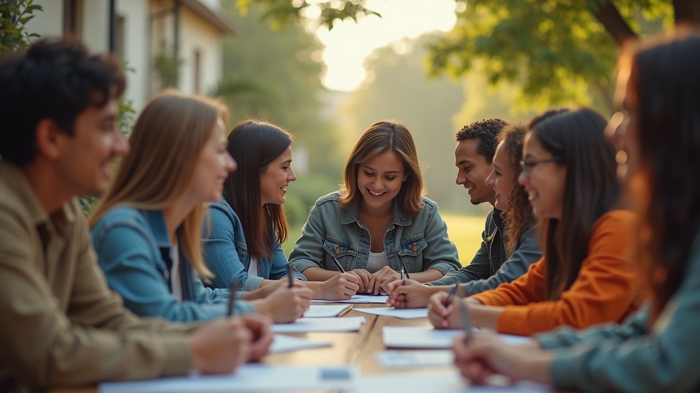 Eye-level view of a group of young leaders engaged in a team-building activity