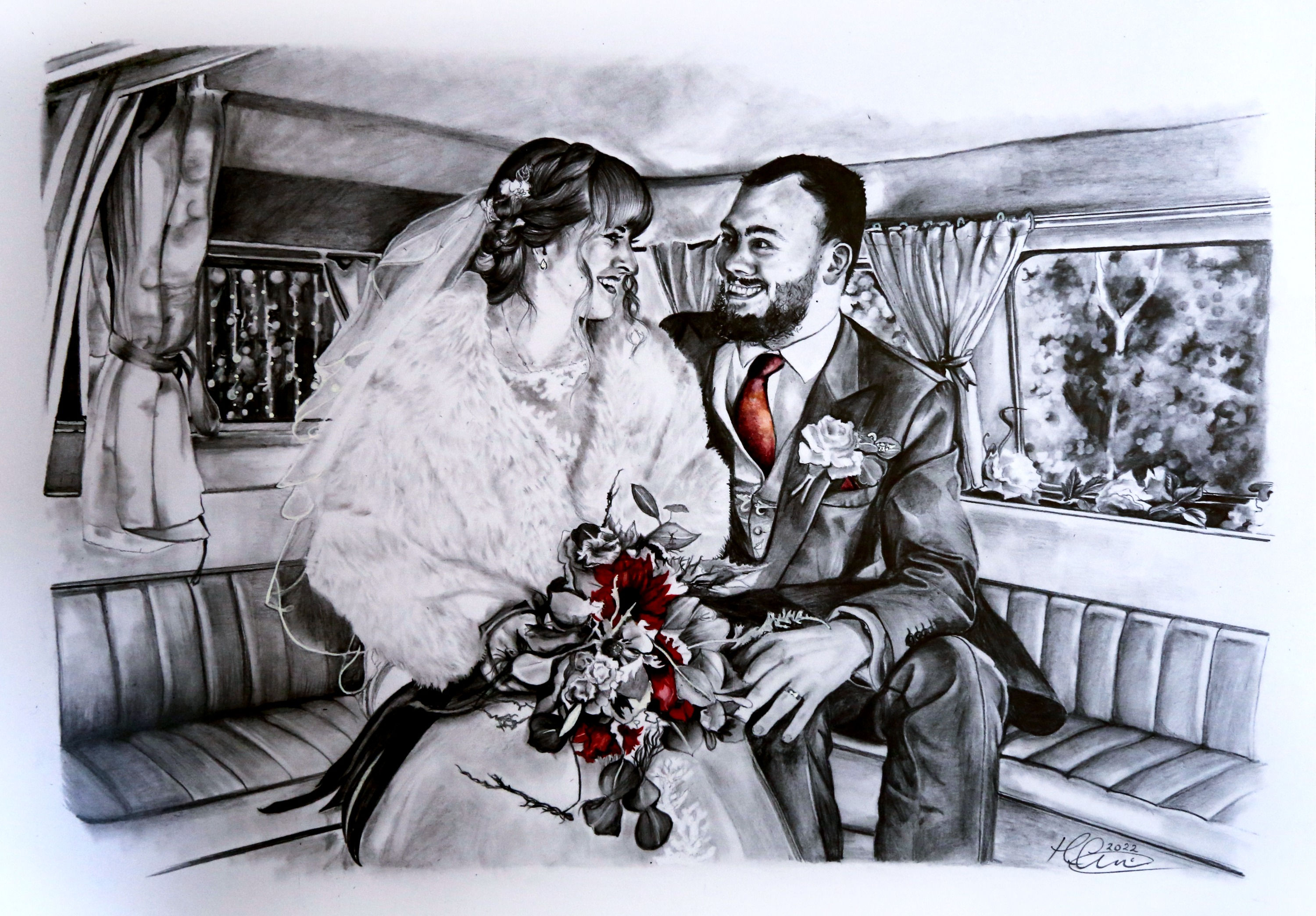Graphite drawing of a couple of their wedding day created by Holly McNamara, commissioned by the customer