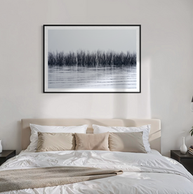 Waterline, black and white fine art photograph of trees reflected in the Sea of Galilee, displayed in a modern bedroom