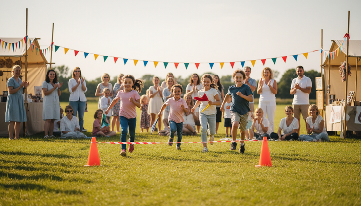 Eye-level view of children running in a friendly summer fete race on grass.