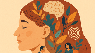 Illustration numérique en style moderne représentant une silhouette humaine avançant dans un labyrinthe lumineux, symbolisant le cheminement intérieur et la libération. Le visuel est accompagné du titre : "Les thérapies brèves, une révolution silencieuse".