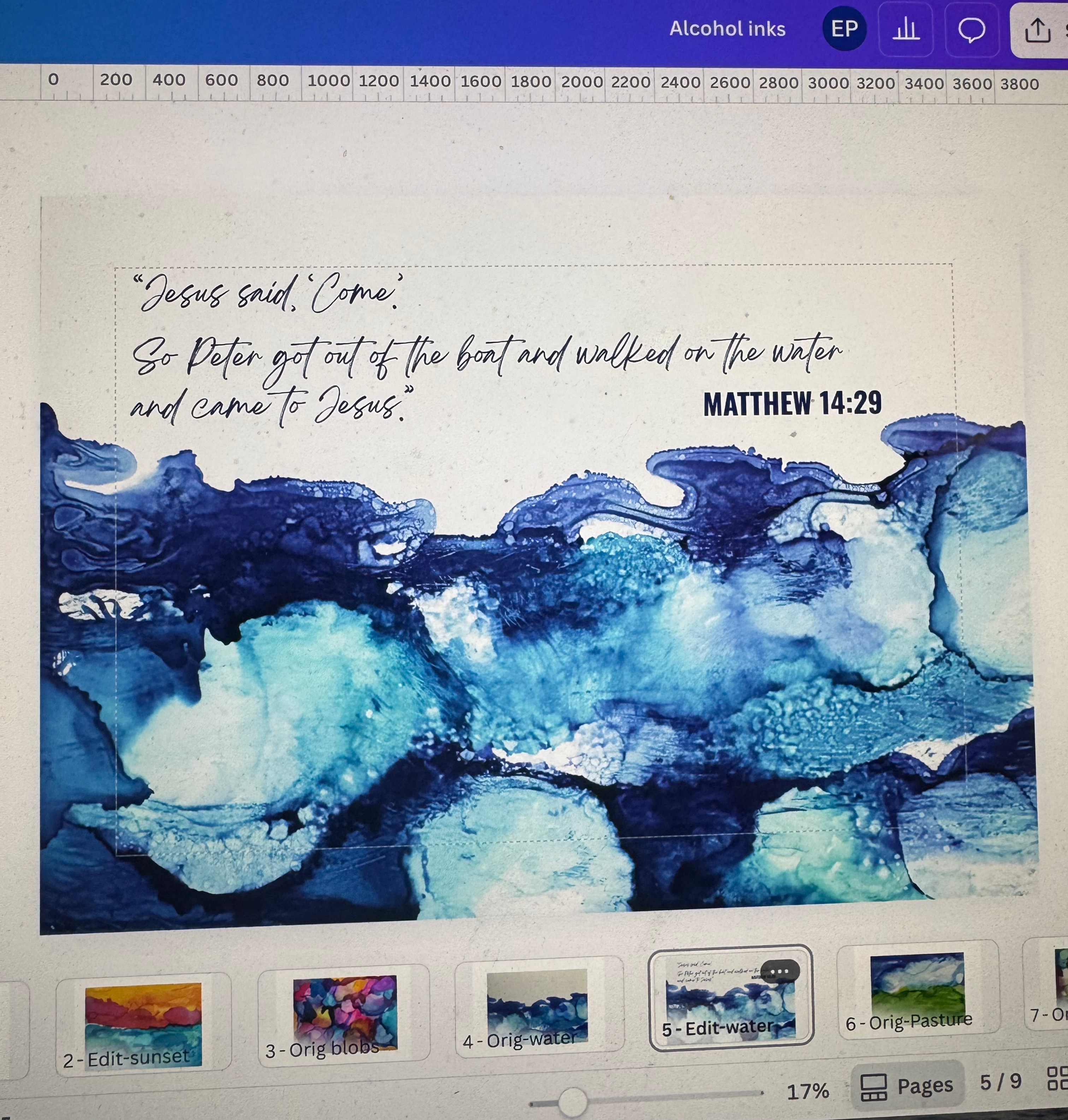 Playing with the images, font styles, and Scripture passages in Canva.