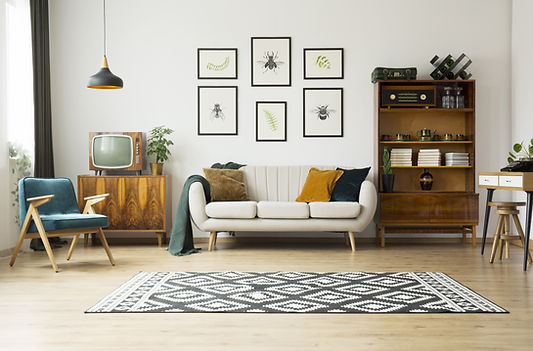 Living Room with black and white graphic flat weave rug, 3 cushion cream mid-century moden sofa, teal mid-century chair with natural wood frame, velvet throw pillows, framed picture collage of bug drawings, modern desk with white drawers, hanging black light