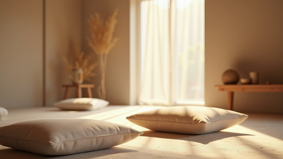 Eye-level view of a serene meditation space with cushions and soft lighting