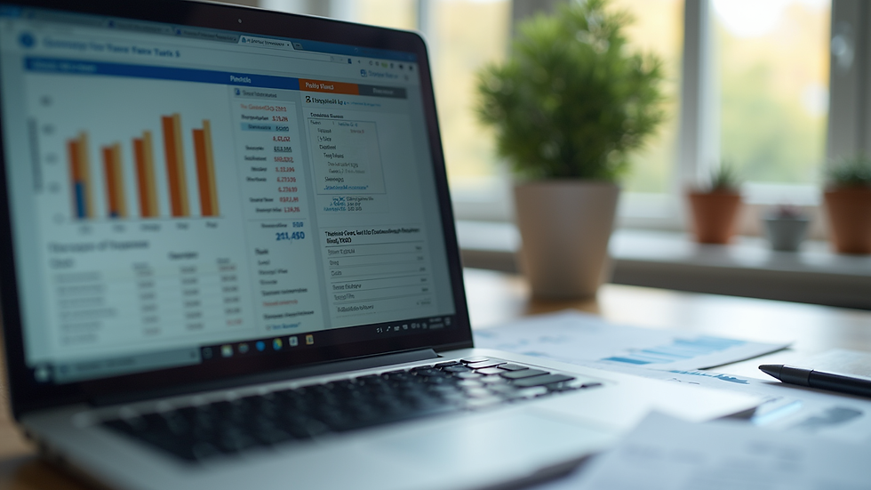 Close-up view of a laptop screen showing tax software with financial documents nearby