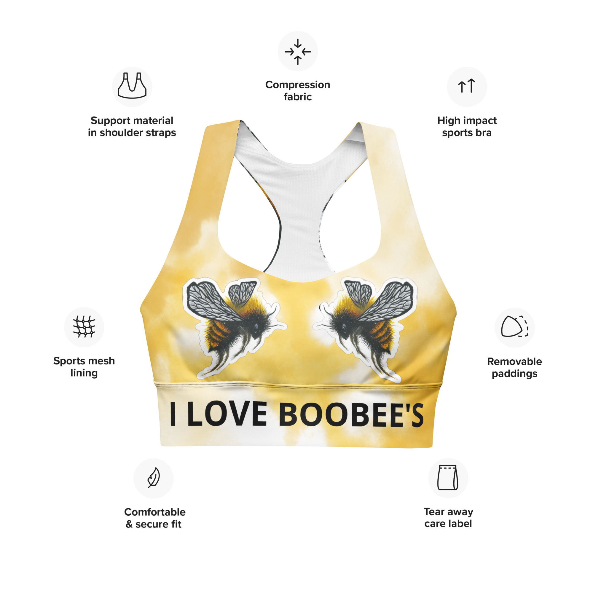 All-Over Print Recycled Longline Sports Bra, boobee bra, bee bra, I love boobs