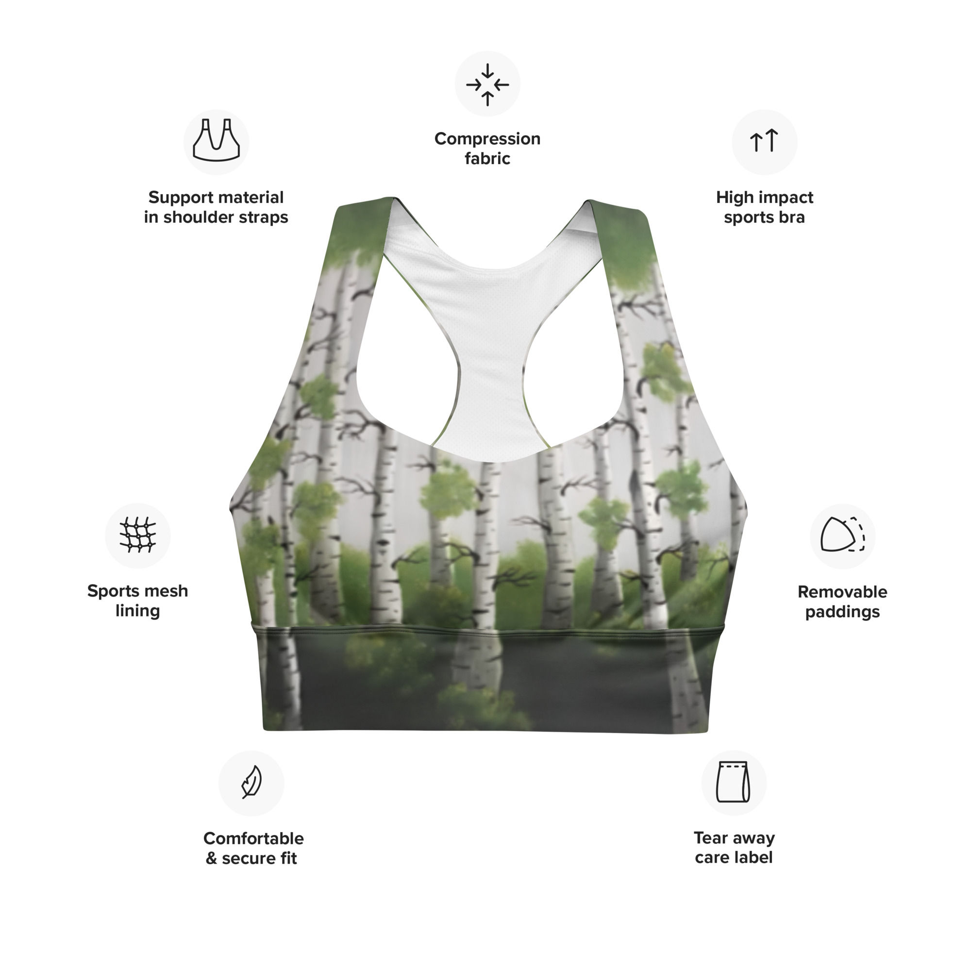 Recycled Longline Sports Bra with original birch tree painting