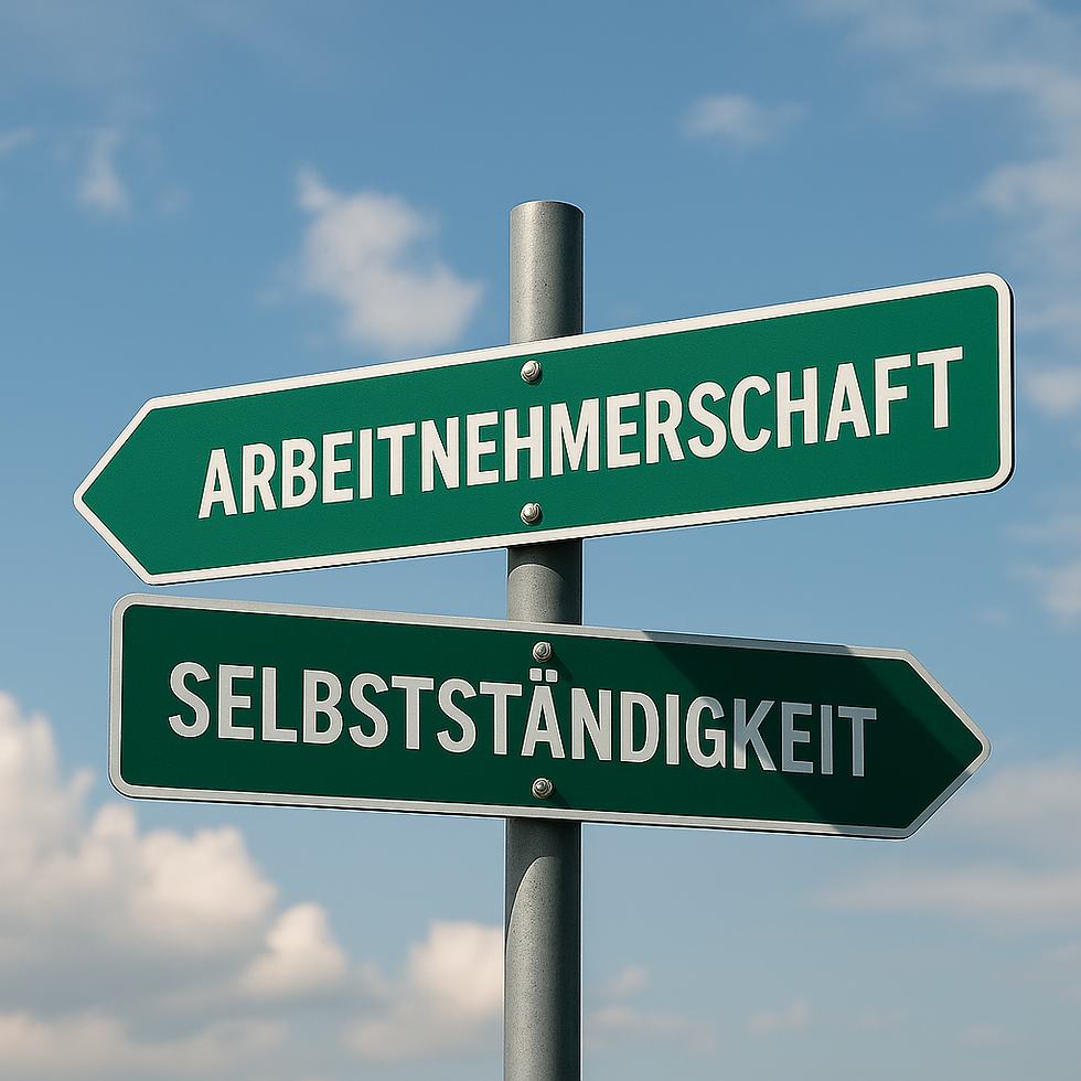 Ein StraĂenschild zeigt in die eine Richtung die Arbeitnehmerschaft und in die andere Richtung die SelbststĂ€ndigkeit