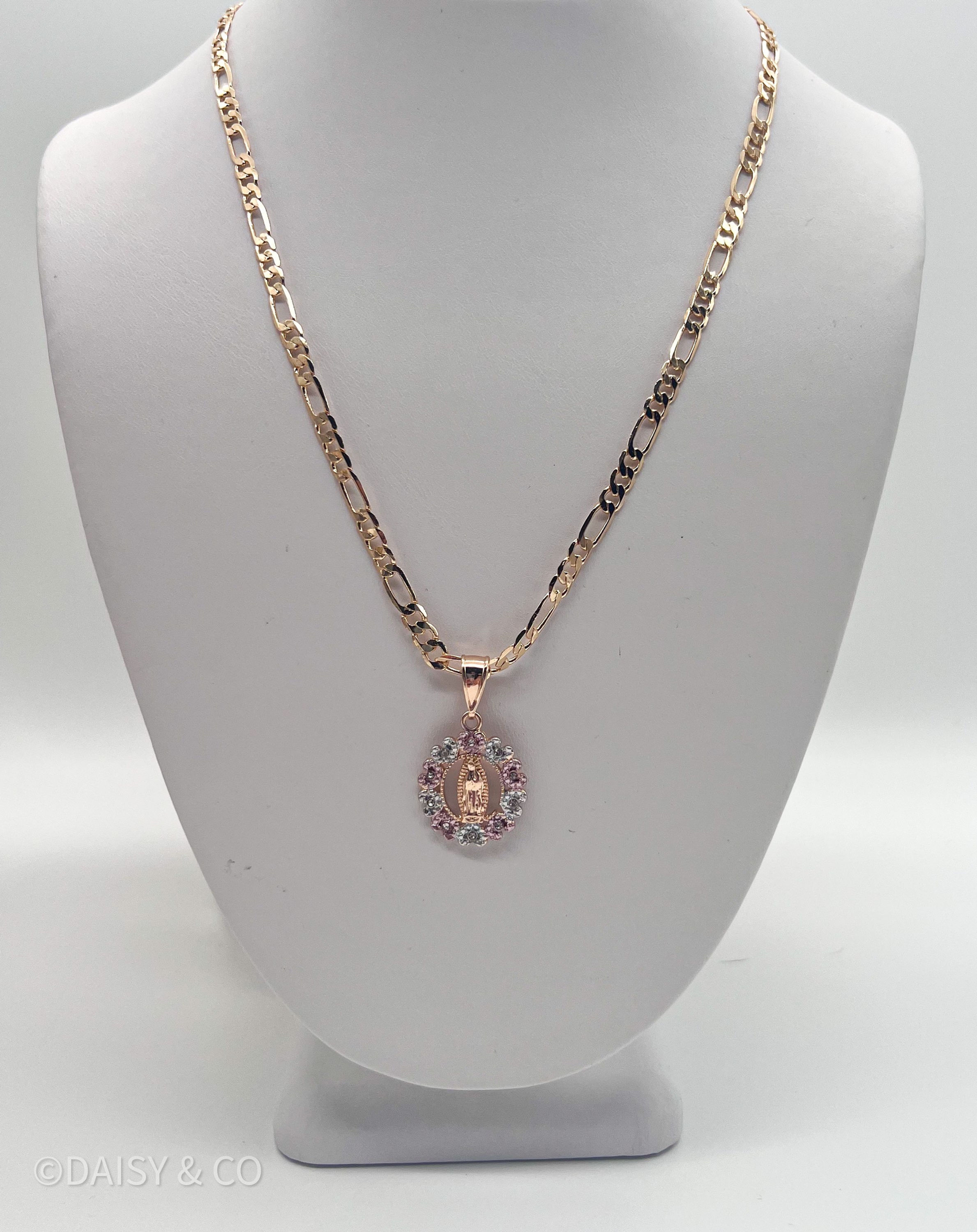 18K Gold Plated Virgen Mary Figaro Pendant Necklace