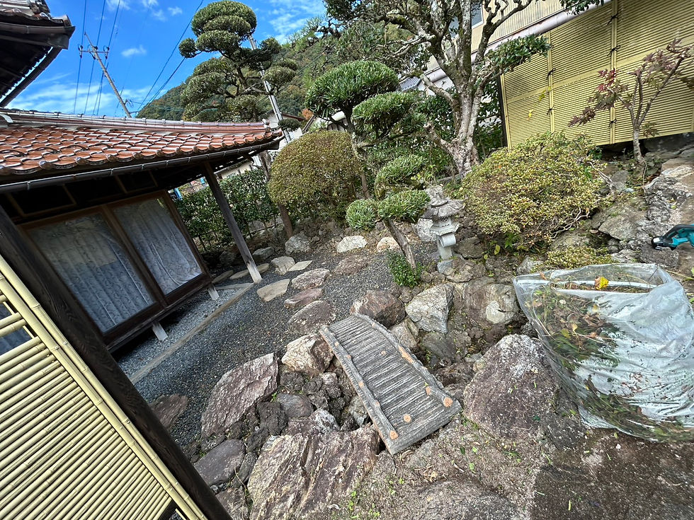 石灯籠や庭石、植栽が並ぶ庭の足元