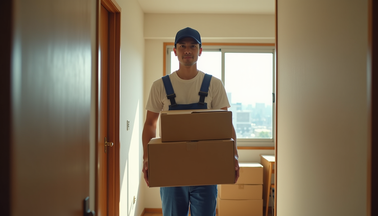 目線の高さから見た便利屋が引っ越しの荷物を運んでいる様子
