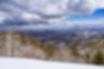 Bare winter trees and snow in the foreground with winter storm clouds and mountains in the distance