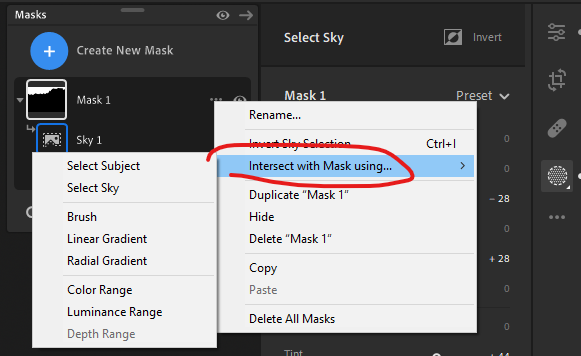 A screenshot of Lightroom CC showing the new Intersect with Mask option that was added in version 5.2
