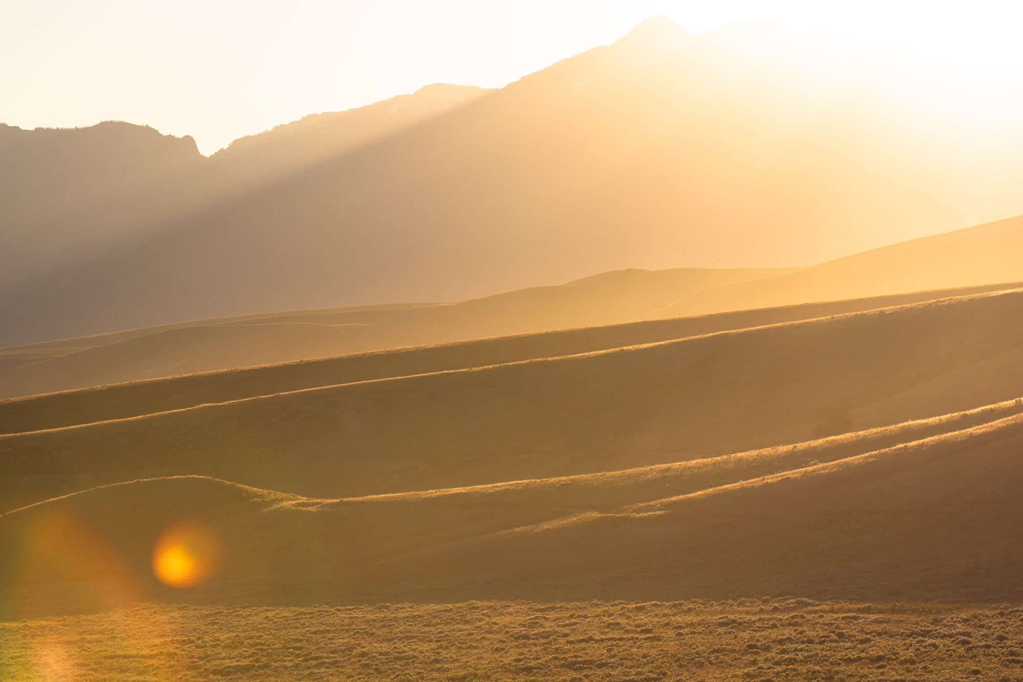 Golden sunlight spills over hilltops in Grand Teton National Park. By Michael Rung Photography