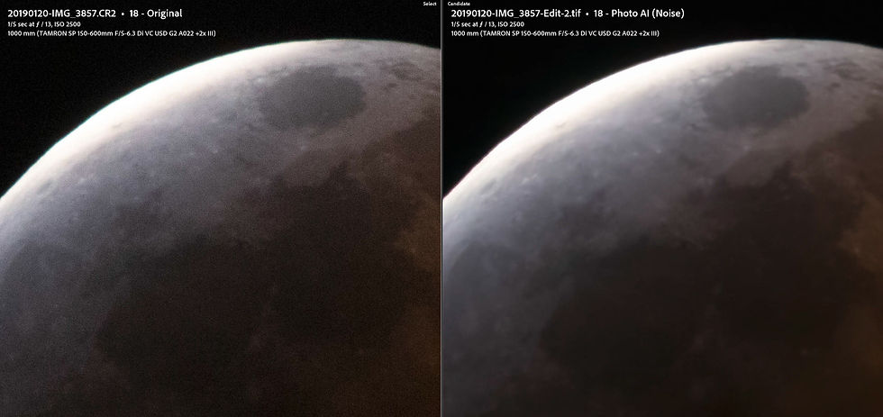 A noisy, slightly out of focus photo of the moon compared to a version created by Topaz Photo AI