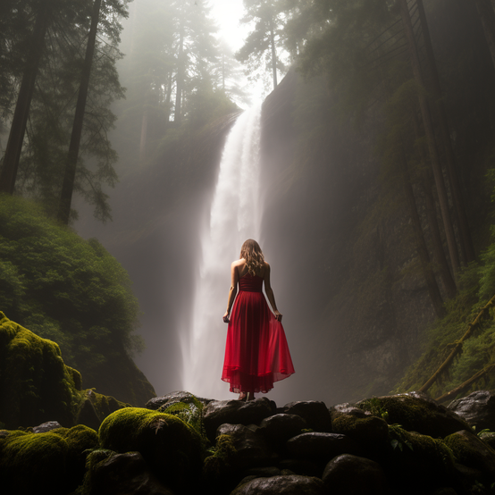 AI-generated photo of a woman in a red dress in front of a waterfall