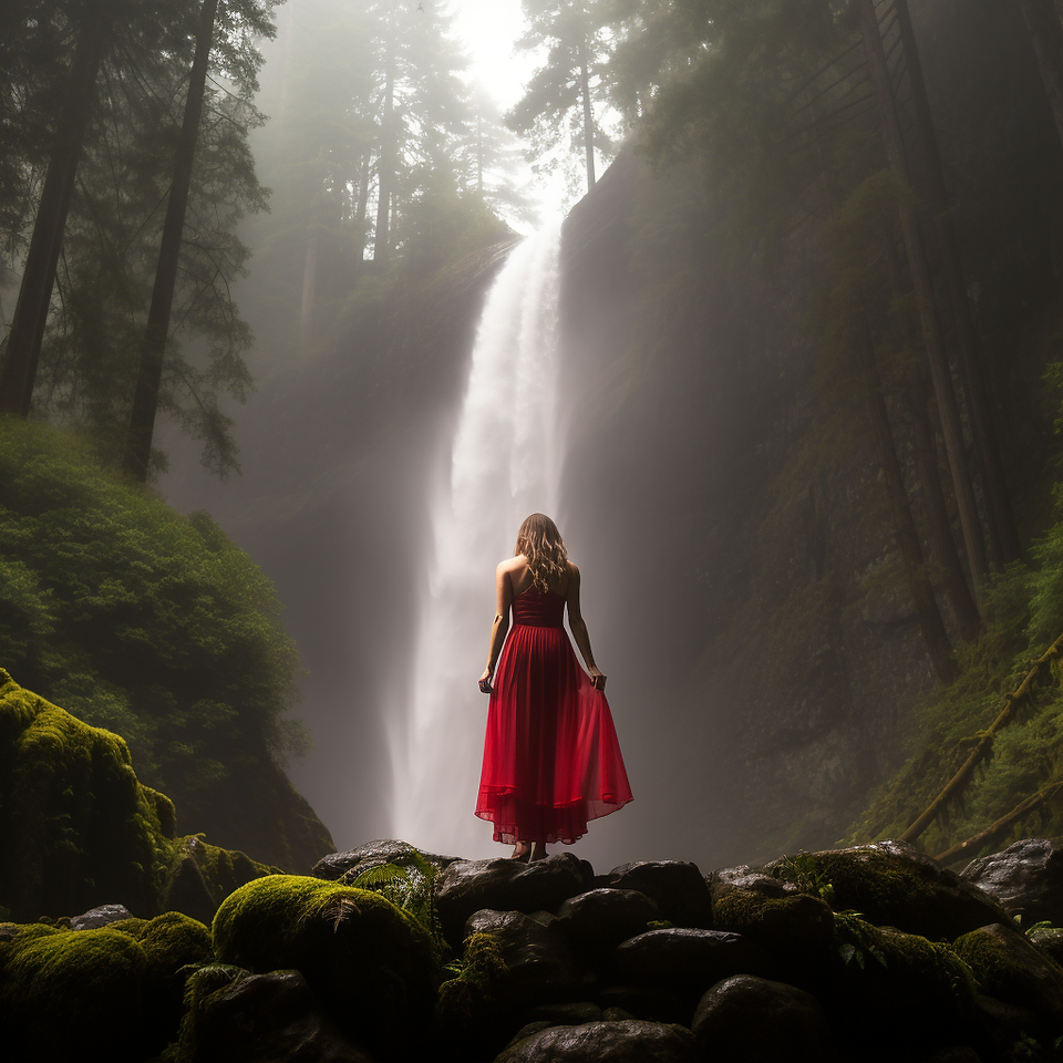 AI-generated photo of a woman in a red dress in front of a waterfall