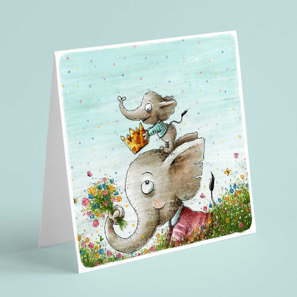 Art print wenskaart - Kleine olifant en mama olifant