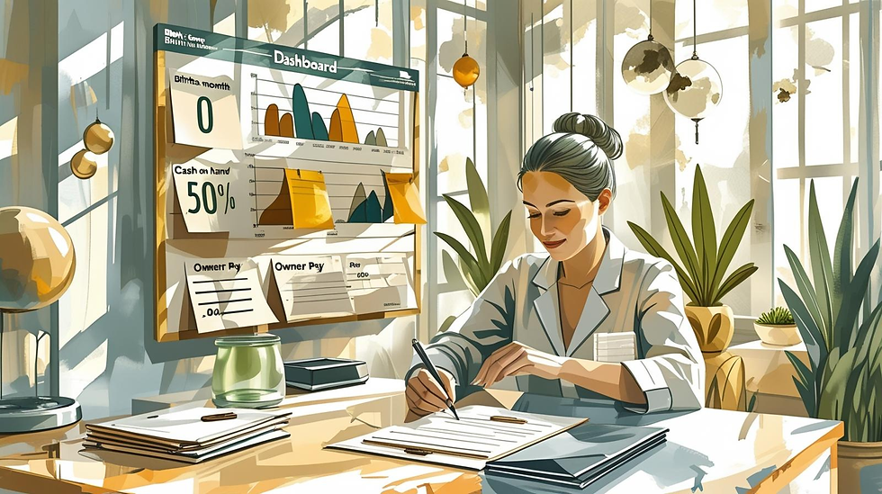 A midwife sits at a sunlit desk in a cozy birth center office, updating paperwork while a large wall-mounted dashboard behind her shows hand-drawn charts and cards for births this month, cash on hand, and owner pay amid plants and warm decor.