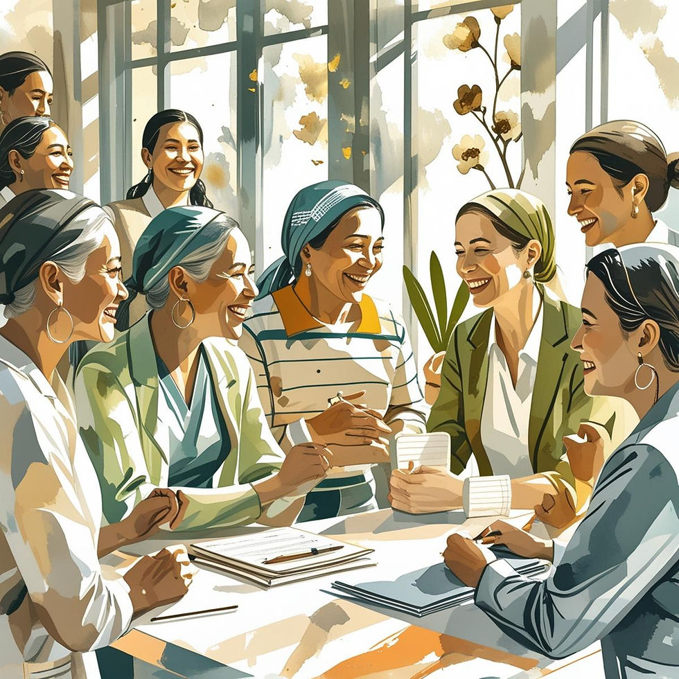 A group of internationally diverse women in a community setting.