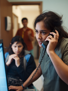 Overwhelmed midwife in a busy birth center juggling phone calls, electronic charting, and patient needs, illustrating burnout risk from poorly designed job descriptions and unsustainable workloads in maternal health settings.