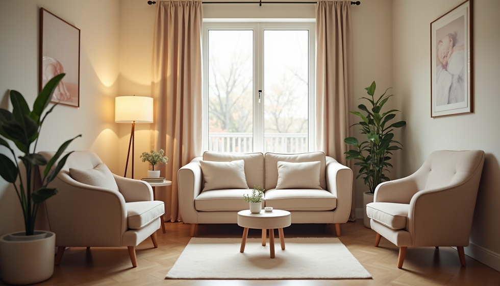 Calm, light-filled birth center waiting room with soft neutral armchairs and sofa, potted plants, and minimalist artwork creating a warm, welcoming, home-like atmosphere.