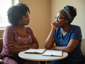 Birth center team rituals in action as two clinicians sit together at a small table, debriefing after a birth with open notebooks, modeling a psychologically safe RCA conversation in a midwifery‑led birth center.