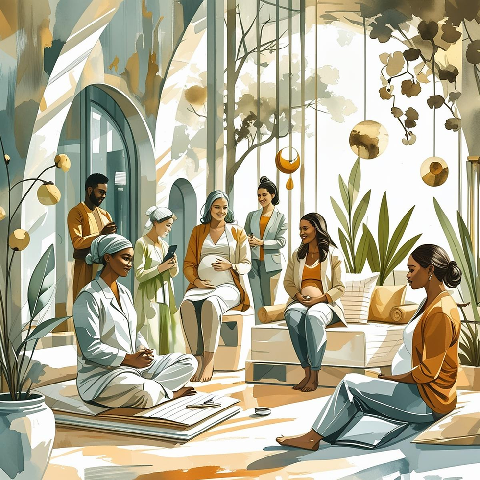 A warm, sunlit birth center lounge where a diverse group of pregnant people and care providers sit together in conversation, surrounded by plants, soft seating, and calming architectural details that evoke a peaceful, community-centered space.