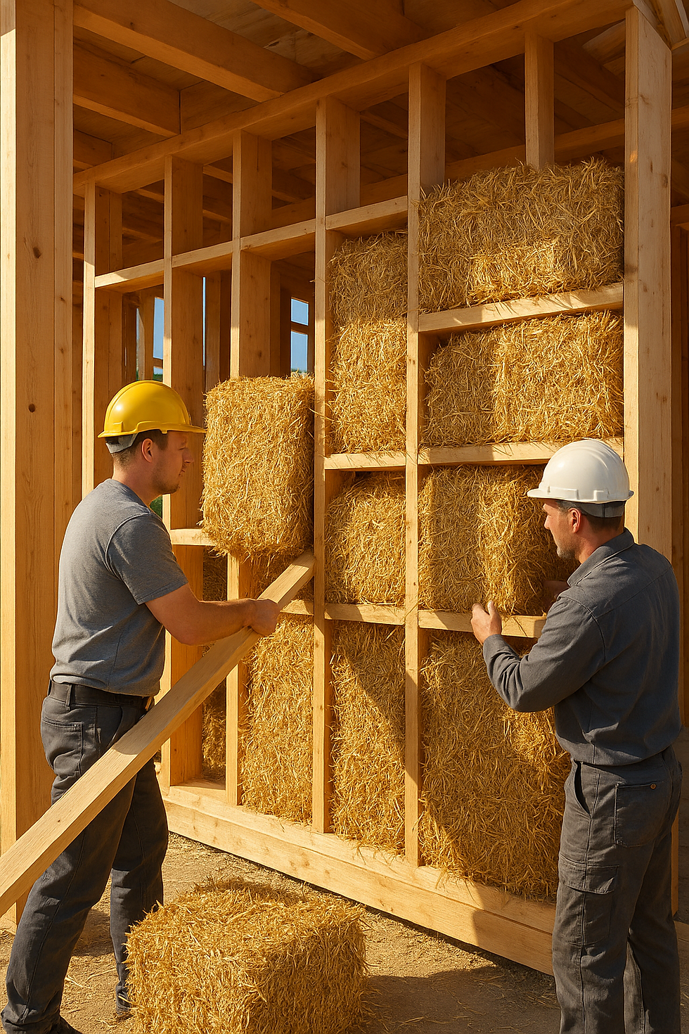 Arbeiter erstellen mit Strohballen eine Außenwand