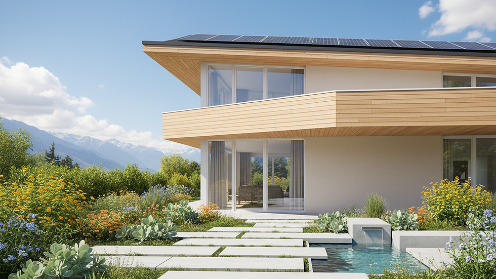 Augenhöhen-Ansicht eines modernen Hauses mit Solaranlagen auf dem Dach.