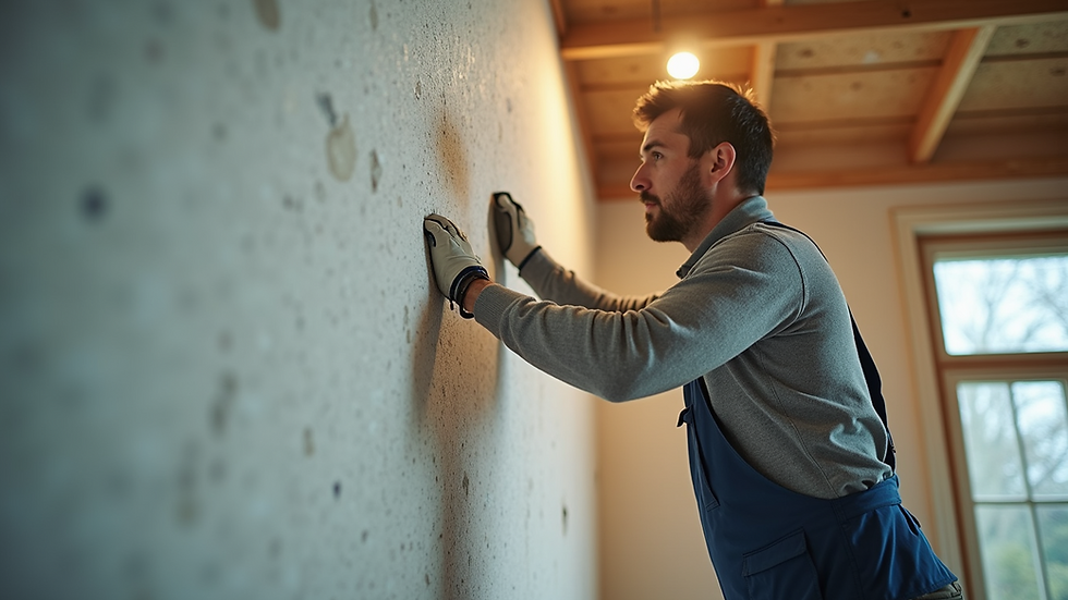 Close-up view of a technician installing insulation material on a wall