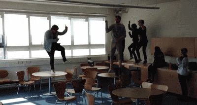 Teen falling off a table.
