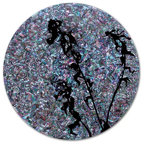 a black dance, 2019, Mother-of-Pearl on Wooden Panel, Dia 60cm