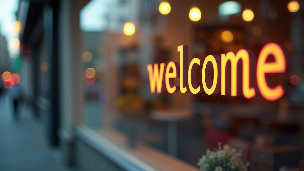 Close-up view of a small business storefront with welcoming signage