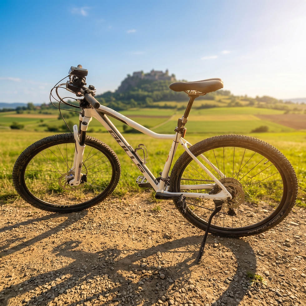 Mountainbike vom Fahrradverleih im Hegau vor dem Hohentwiel.