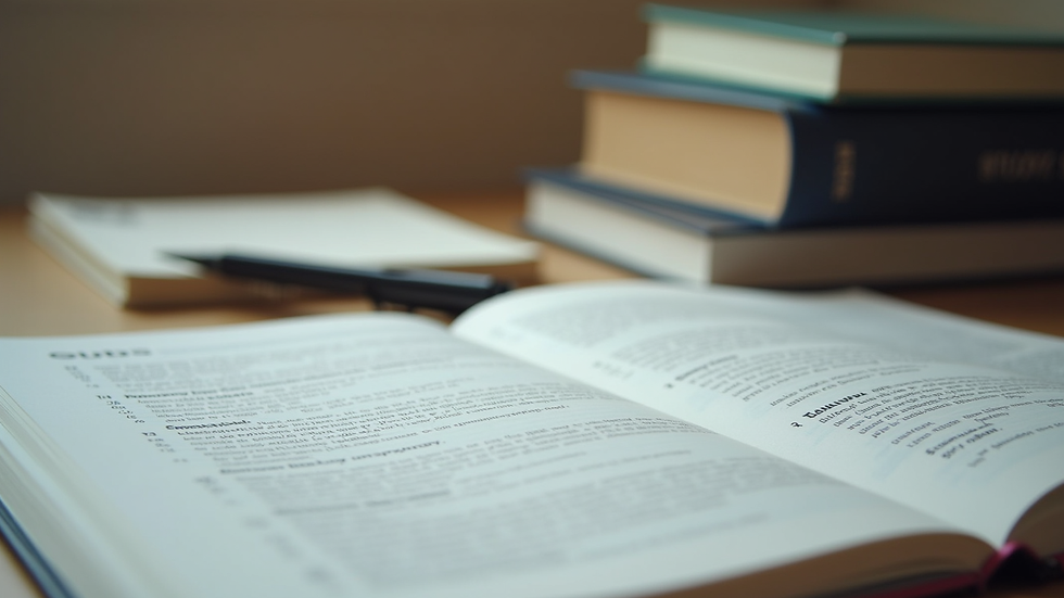 Close-up view of a study guide with notes and textbooks