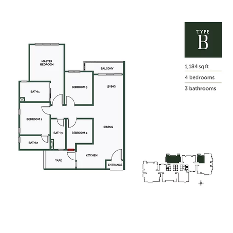 TYPE B - 1184sf
4 Bedrooms
3 Bathrooms