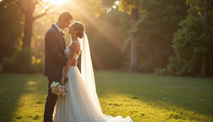 Eye-level view of a wedding photographer capturing a couple’s first look in a sunlit garden
