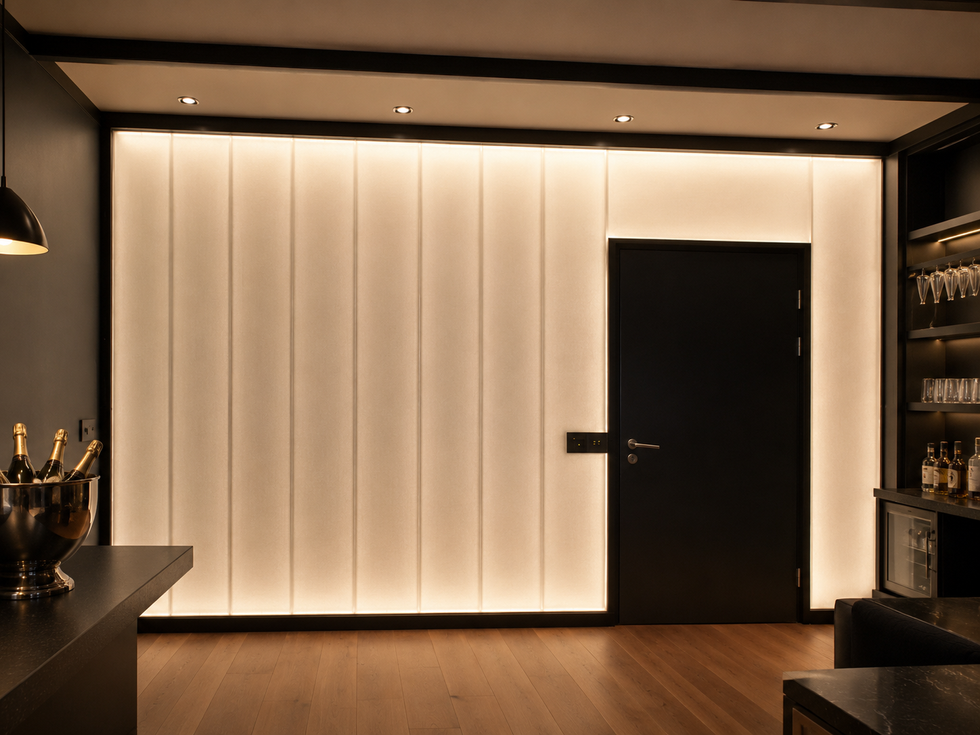 The illuminated wall continues above and around the black doorpost.