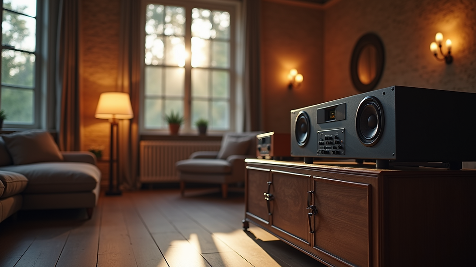 Eye-level view van een luisterruimte met high-end audio apparatuur