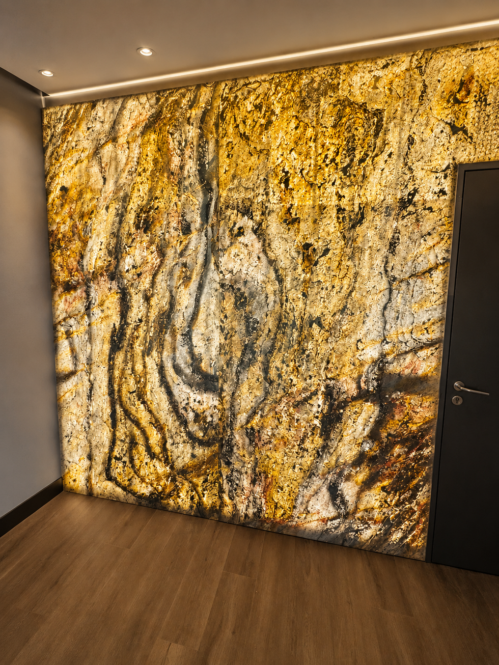 Finished concept: a warm hospitality lounge with a glowing marble feature wall.
