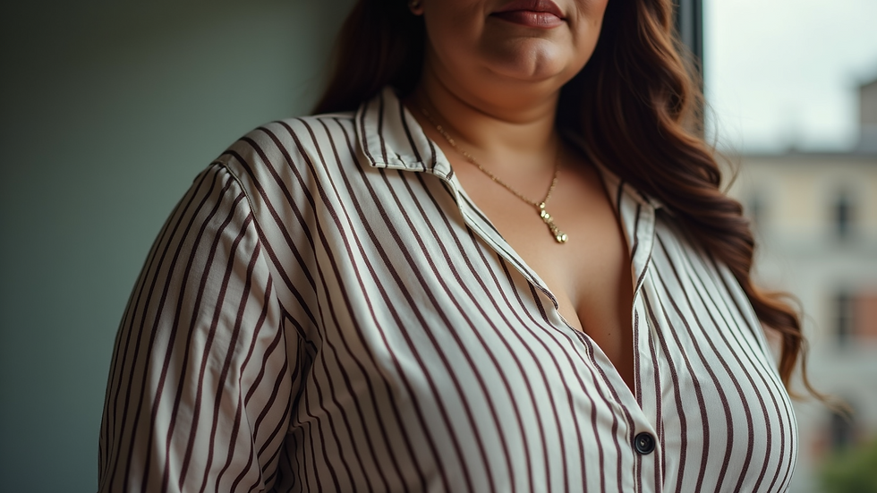 Close-up of a plus size outfit featuring vertical stripes and a V-neck top