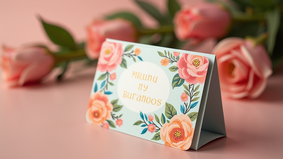 Close-up view of a colorful customized gift card with floral design