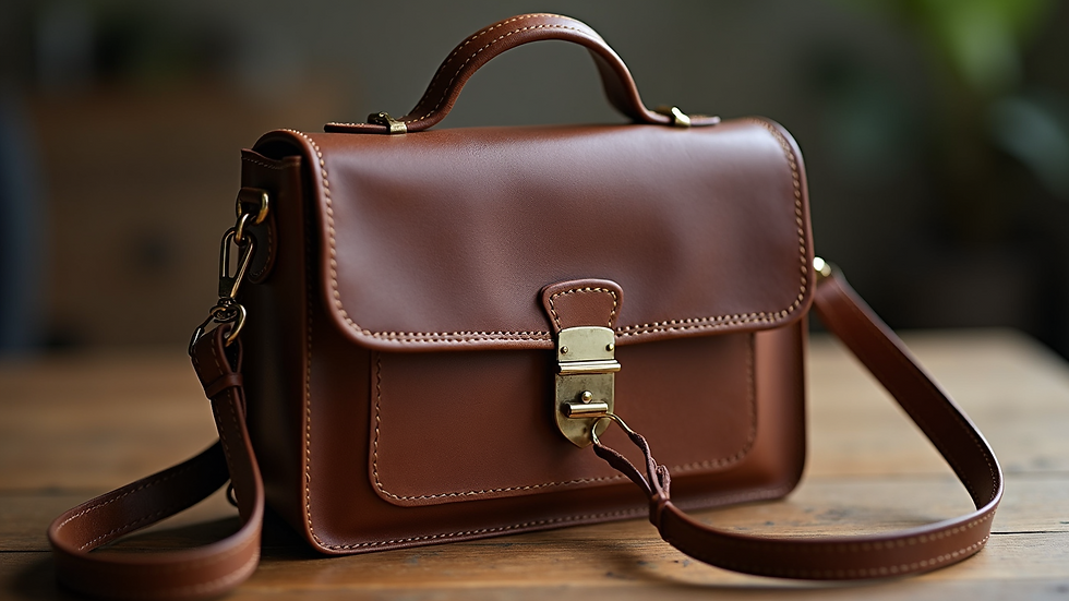 Close-up of a vintage leather handbag on a wooden table